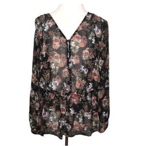 Pleione  Black Floral Peasant Tunic sheer balloon sleeve blouse LG